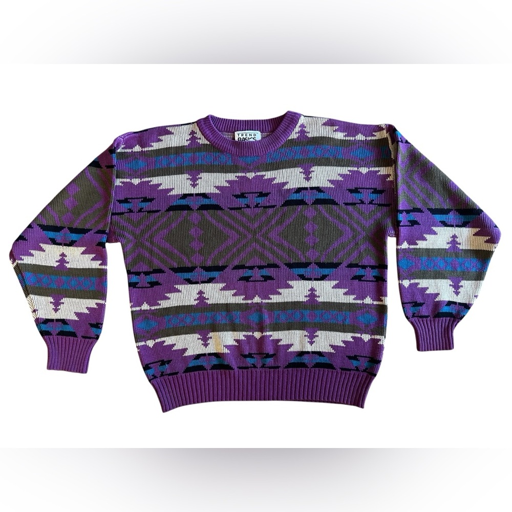 VTG Aztec Southwestern Geometric Knit Sweater Adult L Made in Korea 80s 90s Cozy